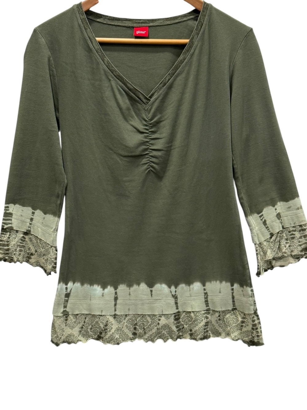 Glima Olive Green Tie Dye Paisley Bell Sleeve Top Small Y2K Boho